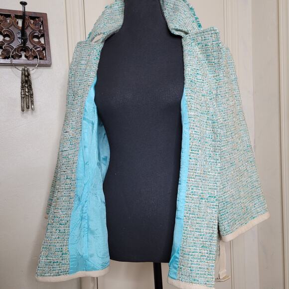 VTG Nanette Lepore Tweed 3/4 Sleeve Turquoise Fringe Jacket Blazer Belt Y2K✨️12 - Picture 5 of 16